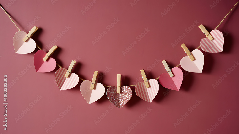 Obraz premium Valentines day hanging heart garland decoration on pink background 