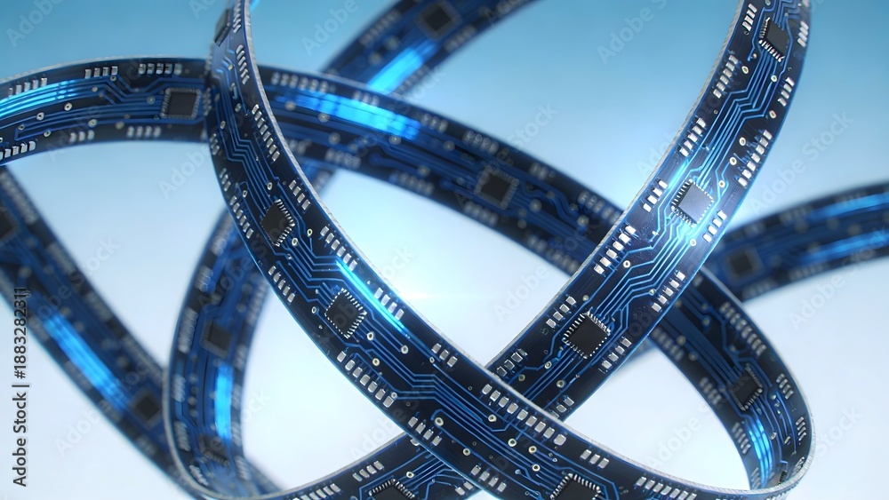 Naklejka premium Interwoven circuit boards with glowing traces