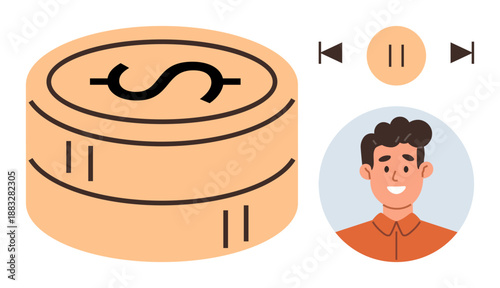 Financial management, media controls, online payments, user interface, savings, communication. Stack of dollar coins, media control buttons smiling man in a circular portrait. Financial management