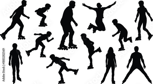 Black And White Vector Silhouette Set Of People Roller Skating Featuring Various Poses Like Jumping Racing And Stunting For Sports Design, (20 words)