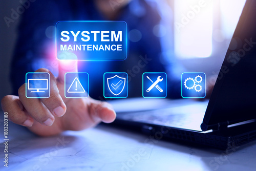 Quadro em tela System maintenance concept with staff's hand pointing to update software or fixi