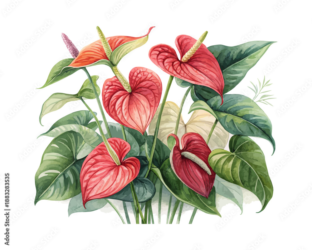Obraz premium Watercolor Tropical Anthurium, Floral Clipart for Design, Exotic Botanical Vector Isolated on White