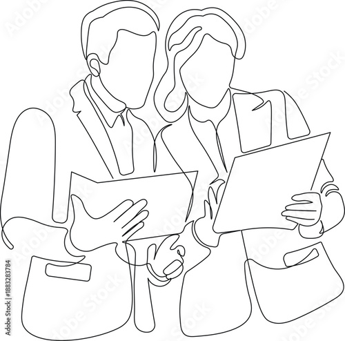 Continuous One Line Illustration of Businessman and Businesswoman Reviewing Documents. Boss and Secretary Professional Office Collaboration