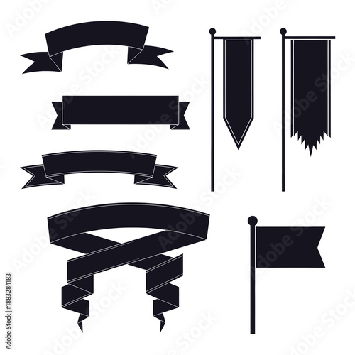 Collection of black ribbon banners and flag silhouettes for design elements