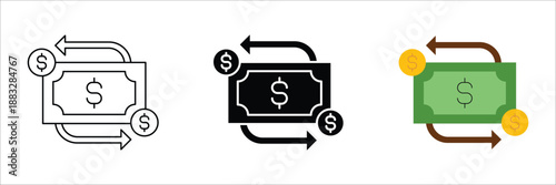 Money transfer and financial transaction icons set. Includes outline, solid, and flat styles for banking, e-commerce, and digital payments
