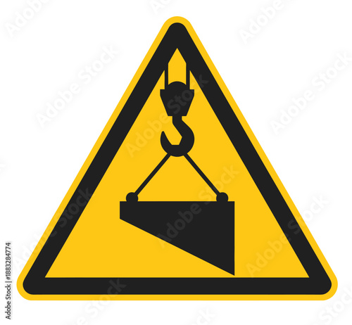 Warning sign for overhead crane, risk of crushing from falling object, construction site safety symbol, vector illustration