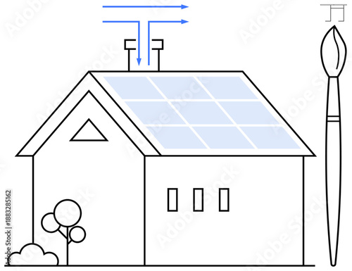 Renewable energy, home design, sustainability, eco-living, clean energy, artistic inspiration. Diagram of a house with solar panels and a brush. Renewable energy and home design inspiration concept