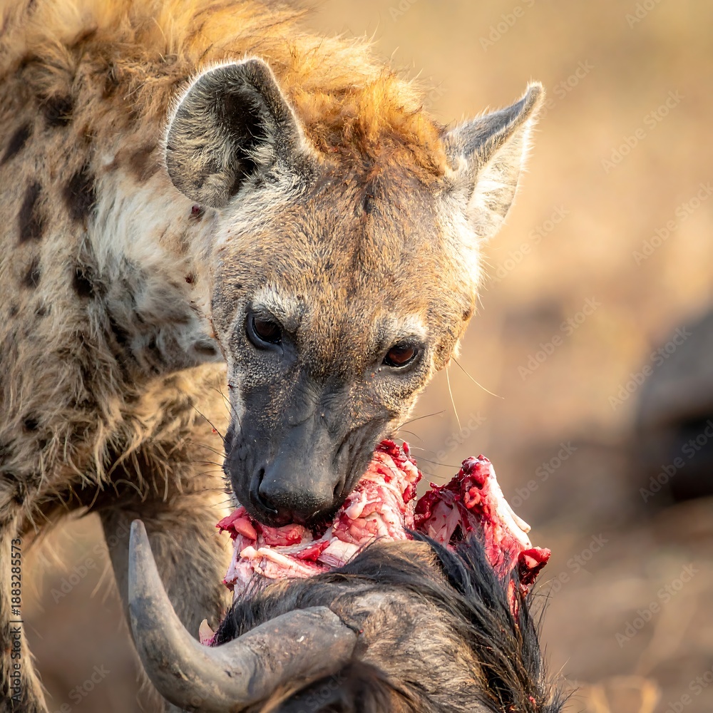 Obraz premium Spotted hyena eating a wildebeest carcass, showcasing its jaws and powerful bite in a dry, grassy environment