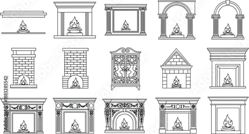 Vintage fireplace and mantel collection with classic, ornate, and brick designs illustrated in clean black and white architectural line art