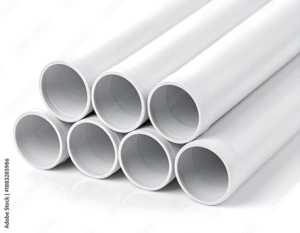 Fototapeta premium Stack of white PVC pipes, neatly arranged with smooth, rounded ends, on reflective surface, casting a soft shadow