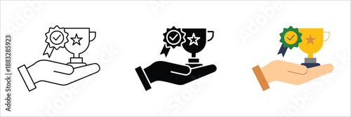 Hand holding a golden trophy with a star medal icon representing victory, success, and high achievement, ideal for awards and recognition concepts