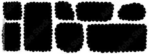 Set of cute decorative vector tags and frames. Features starburst, circle, and rectangle shapes with scalloped, wavy, and sawtooth edges. Isolated illustration on white background.