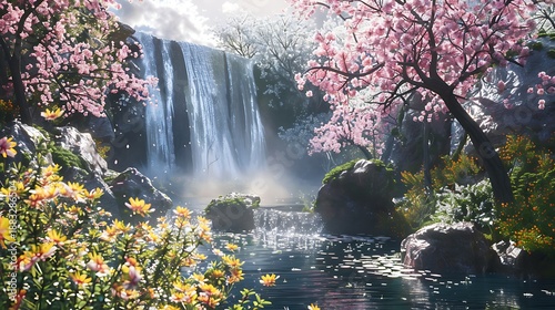 A cascading waterfall surrounded by vibrant spring blooms with cherry blossoms and wildflowers adding splashes of color to the lush green landscape