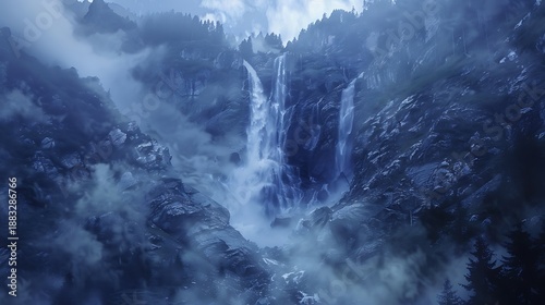 A majestic waterfall thundering down a rocky cliff face with mist rising into the air and creating a mystical and enchanting atmosphere