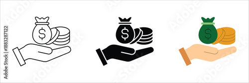 Set of financial icons illustrating a hand holding a money bag and stacked coins, representing concepts of personal savings, smart investment, and accumulating wealth for future prosperity
