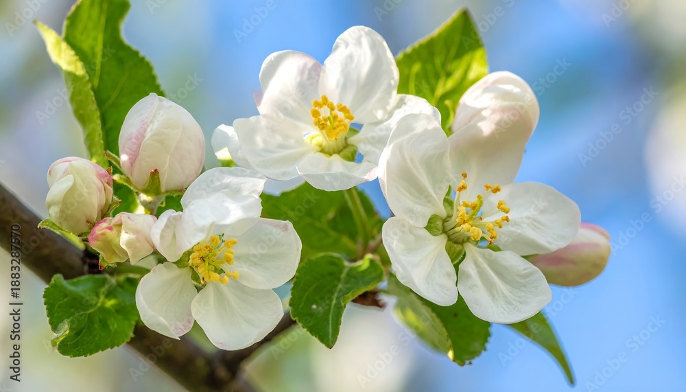 Fototapeta premium Spring blooms showcase apple blossoms, white petals, yellow centers, green leaves against a blurred blue sky backdrop