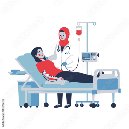 Doctor attending to patient in hospital bed, providing medical care and support.