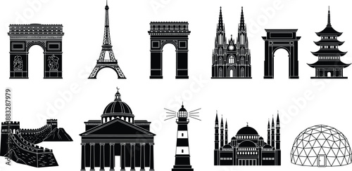 World famous landmarks silhouettes set featuring Eiffel Tower, Great Wall, mosques, pagoda, arches, lighthouse, and iconic global monuments in black