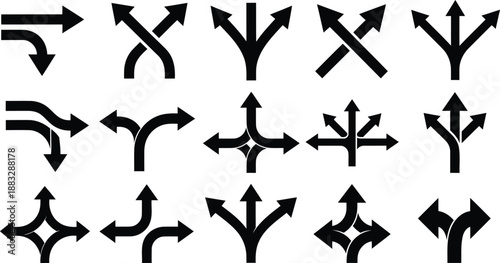 Collection of black directional arrows showing various paths and junctions Keywords: arrow