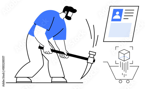 Data mining concept. Male character the data mining process, extracting digital information for analysis. Data mining transforms raw data into actionable insights. Ideal for analytics, technology