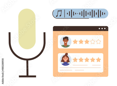 Voice recognition, feedback systems, audio reviews, customer ratings, online communication, service evaluation. A microphone, soundwave graphic and star ratings on user profiles. Voice recognition