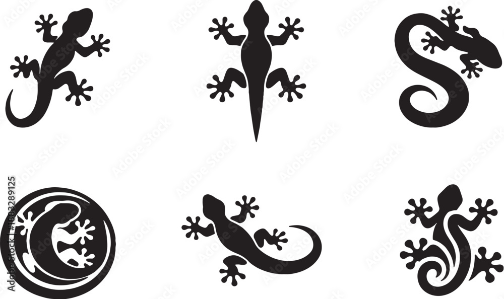 Fototapeta premium Gecko Decorative Icon Set Black and White Reptile Silhouettes