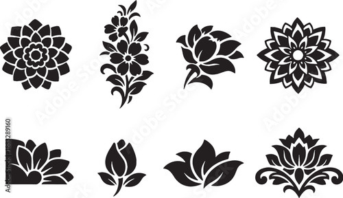 Floral Ornamental Tattoo Motif Icon Set Black and White