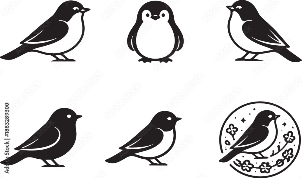 Fototapeta premium Bluebird Garden Icon Set Black and White