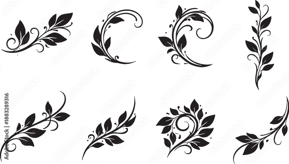 Fototapeta premium Botanical Vine Tattoo Ornament Icon Set Black and White
