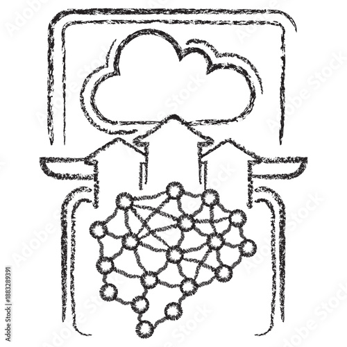 Vector icon of a laptop with cloud, rising arrows, and AI neural network brain. Dark brown charcoal sketch on transparent background, representing a complete cloud AI ecosystem and deployment