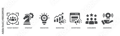 Brand banner web icon vector illustration concept with icon of target market, strategy, innovation, marketing, advertising, customers, and awareness.