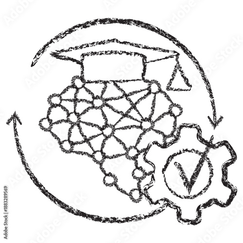 Vector icon of a neural network brain with graduation cap, gear and checkmark. Dark brown charcoal sketch on transparent background. Hand-drawn concept for AI optimization and model deployment