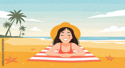 Young woman relaxing and sunbathing on a tropical beach, lying on a striped towel under a clear sky with palm trees and ocean.