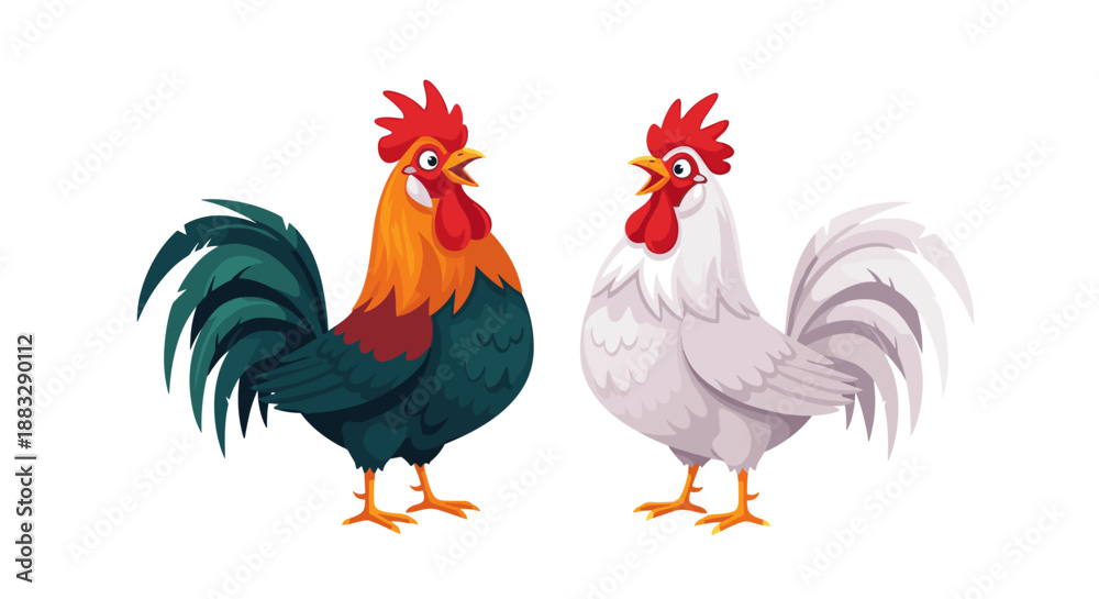 Fototapeta premium Two roosters standing side by side on a white background, one with dark green feathers and the other in pure white for contrast.