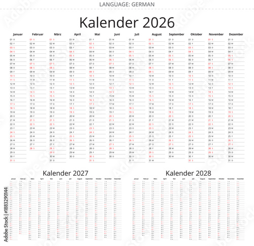 Simple 2026 2027 2028 german calendar planner with minimalist design writing space for Germany