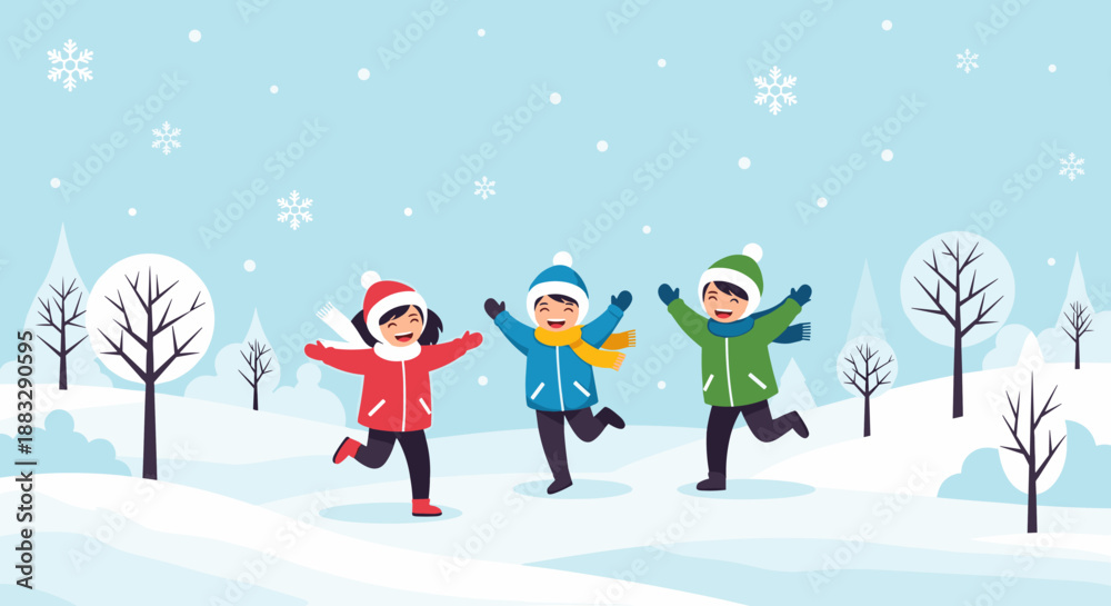 Naklejka premium Cheerful group of young children in warm winter clothes are running and jumping happily in a snowy landscape with white trees.
