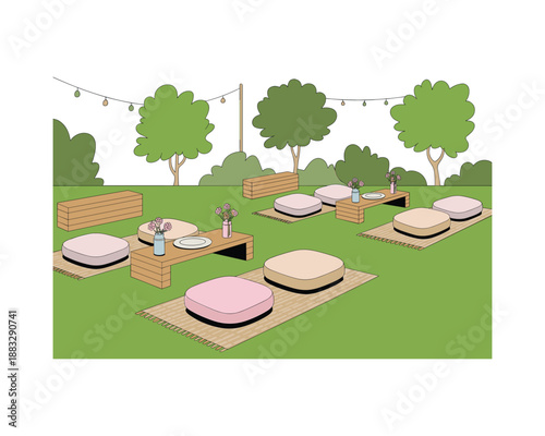 outdoor seating area with cushions and tables in a park
