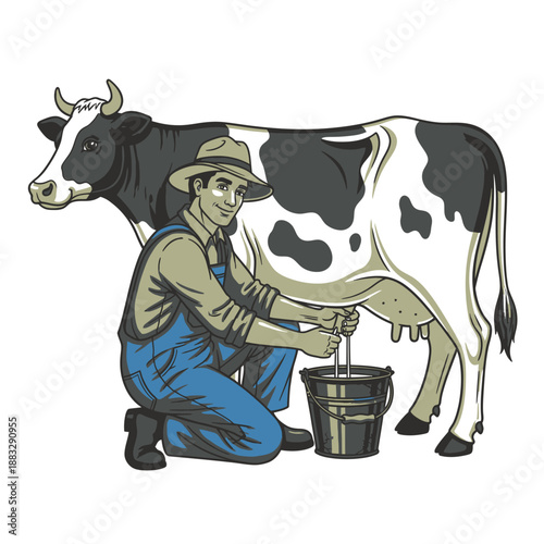 Farmer milking a cow, a classic rural scene of dairy farming.