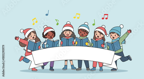 Group of diverse children wearing winter hats singing Christmas carols together with songbooks and bright musical notes.