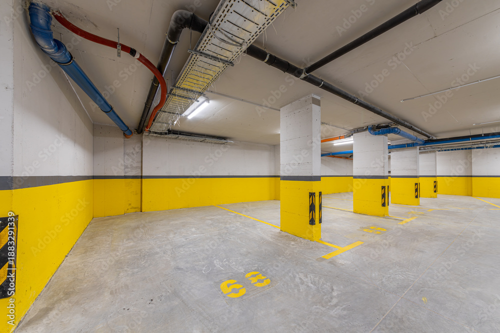 Obraz premium Underground Parking Garage. Modern Infrastructure for Mobility, Safety, and Urban Planning Concepts