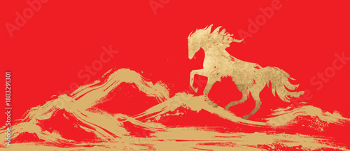 Chinese New Year luxury horse zodiac vector background with red space and gold brush texture. Premium festive design for posters, greeting cards, banners and covers.