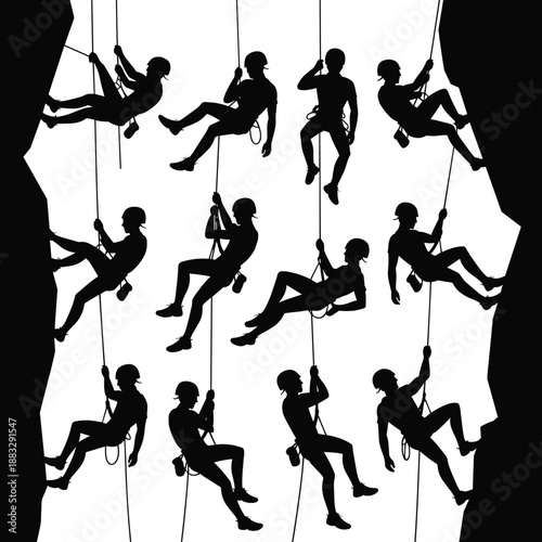Collection of professional rock climbing silhouettes featuring extreme athletes rappelling and ascending steep mountain cliffs isolated on a white background, adventurous.