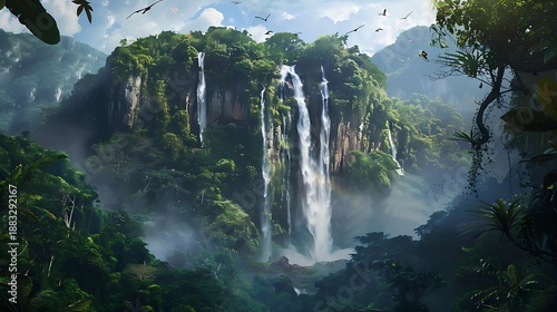 A breathtaking waterfall framed by towering cliffs and dense jungle foliage with birdsong filling the air and adding to the sense of natural wonder