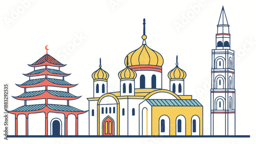 World Religion Buildings Flat Icon Set in Colorful Style