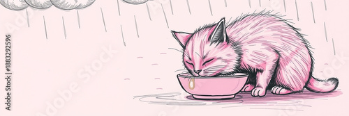 a adorable pink fluffy cat with bright green eyes and a tiny nose drinks refreshing transparent water from a delicate pale pink ceramic bowl with a subtle sheen on a soft pastel pink clean background 