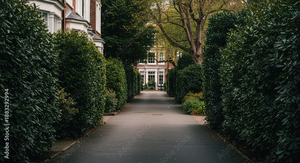 Obraz premium Elegant architectural features of a quiet, upscale neighborhood path, defined by lush green foliage and mature laurel plantings along the drive ,street ,bush ,community