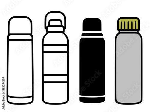 Thermos illustration in outline, silhouette, and color versions