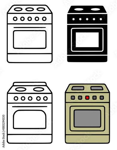 Illustration of stove in outline, silhouette and color versions