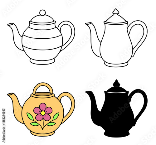 Teapot illustrations in outline, silhouette, and colored versions