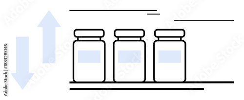 Three medicine bottles on a shelf with two arrows indicating movement, representing health care, supply chain, medication safety, inventory, logistics, pharmaceutical distribution, simple flat